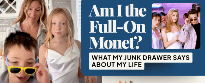 Melissa and her two children laughing in the kitchen while exploring the idea of life looking perfect from far away and messy up close