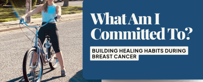 Woman riding a bicycle outdoors, representing building healing habits and strength during a breast cancer journey