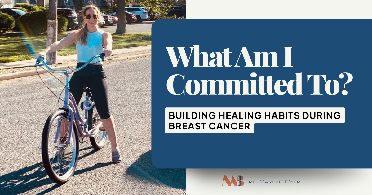 Woman riding a bicycle outdoors, representing building healing habits and strength during a breast cancer journey