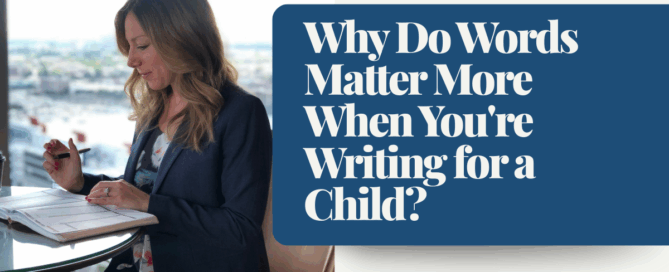 Melissa White Boyer writing in a notebook at a table by a window with a blurred cityscape in the background, accompanying her blog post titled 'Why Do Words Matter More When You're Writing for a Child?