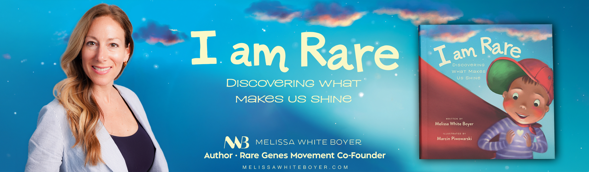 Melissa White Boyer, author of I Am Rare, pictured with the children's book cover. Tagline reads Discovering What Makes Us Shine.